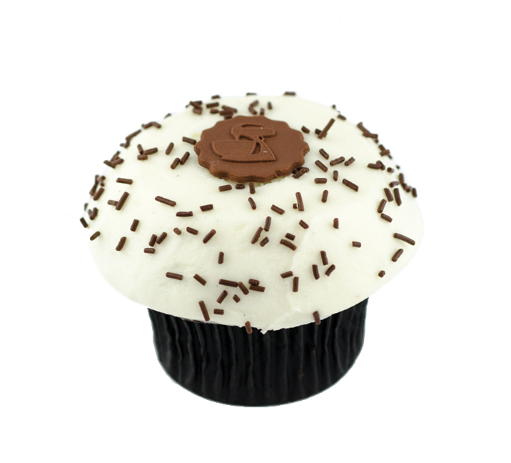 We bake our cupcakes fresh daily. (Shown: Vanilla on Chocolate Cupcake cupcakes.)