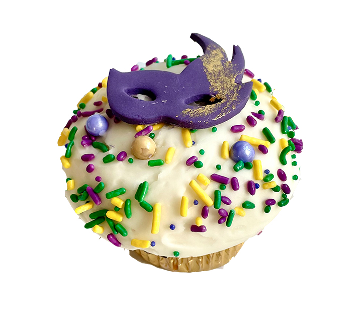 We bake our cupcakes fresh daily. (Shown: Mardi Gras Cupcake cupcakes.)