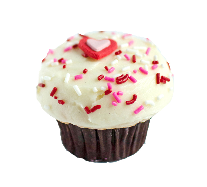 We bake our cupcakes fresh daily. (Shown: Valentines Day Confetti Cupcake cupcakes.)