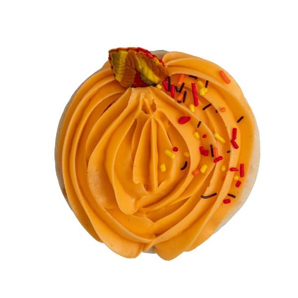 We bake our cupcakes fresh daily. (Shown: Orange Fall Buttercream Cookie cupcakes.)
