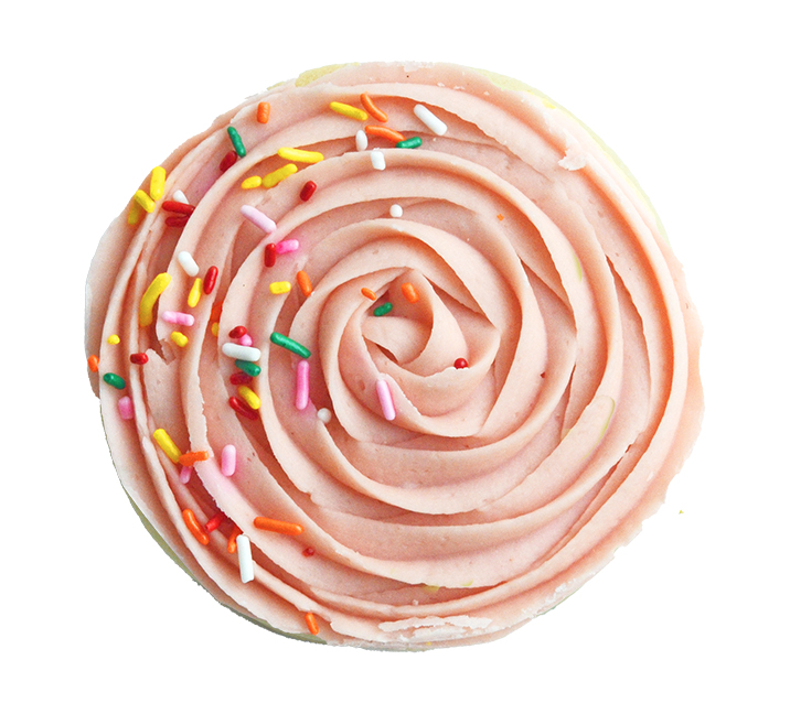 We bake our cupcakes fresh daily. (Shown: Strawberry Buttercream Rosette Sugar Cookie cupcakes.)