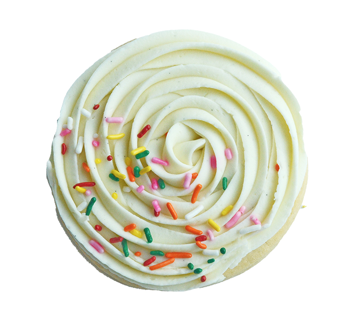 We bake our cupcakes fresh daily. (Shown: White Vanilla Buttercream Rosette Sugar Cookie cupcakes.)