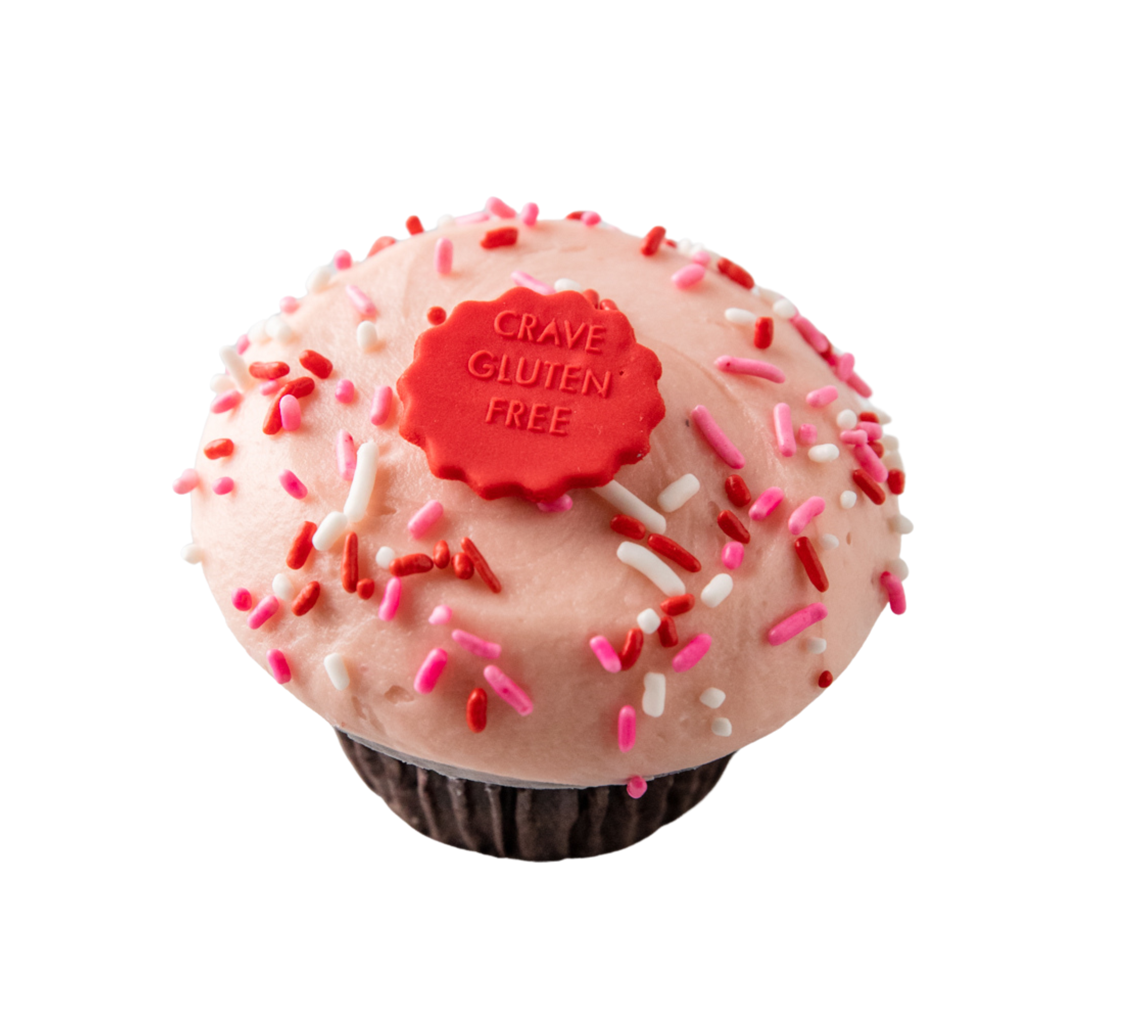 We bake our cupcakes fresh daily. (Shown: Gluten Free Strawberry on Chocolate cupcakes.)
